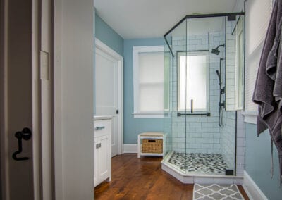 Calm Blue with Bathroom shower tray Patten and Wooden Flooring Modeling